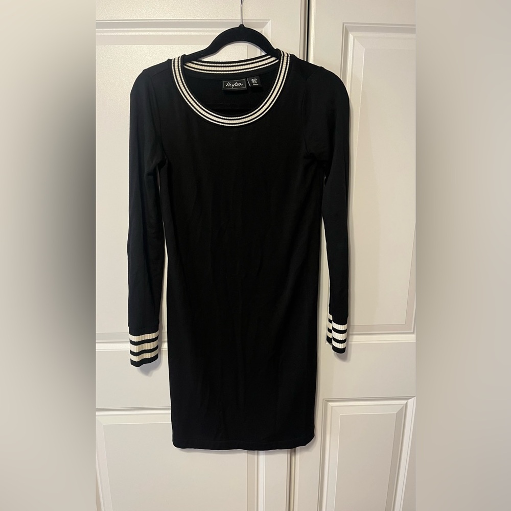 Black Long Sleeve women's sweater Dress with White Accents XS